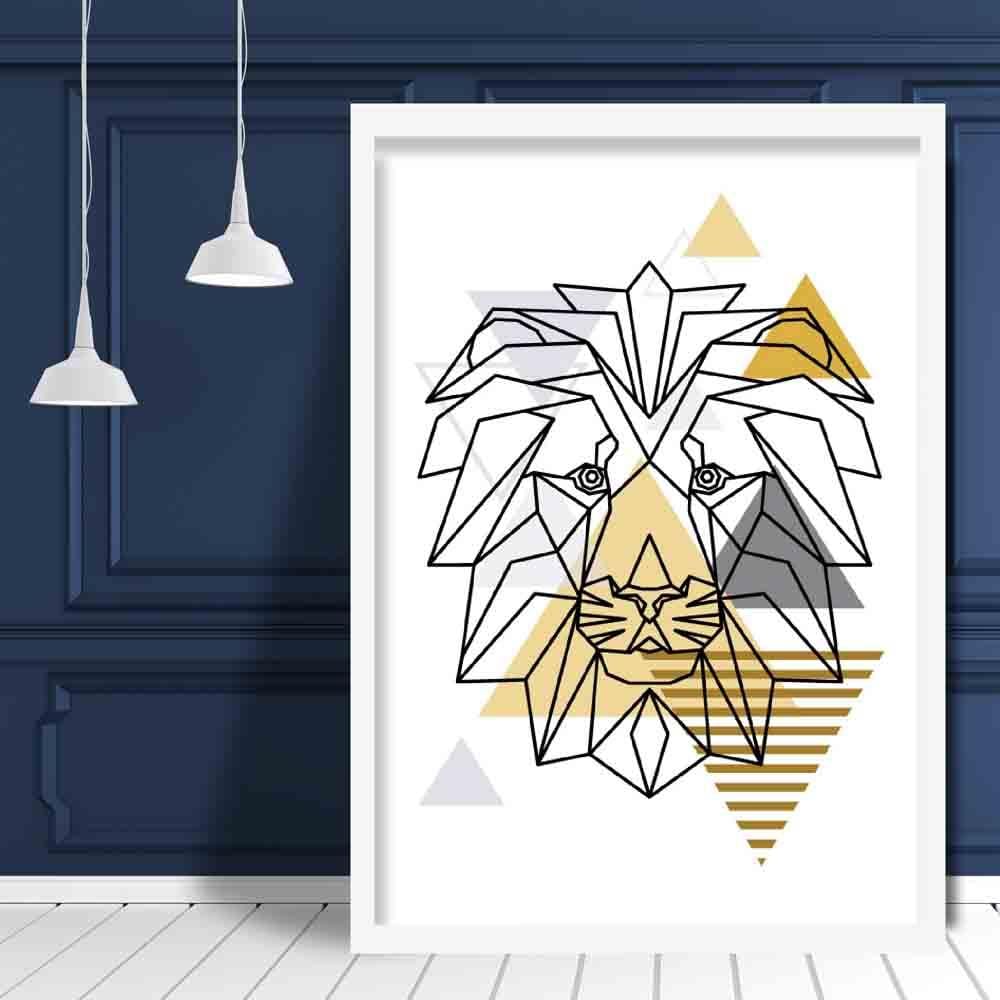 Lion Head Abstract Geometric Scandinavian Yellow and Grey Print