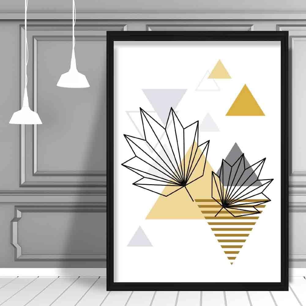 Tropical Leaves Abstract Geometric Scandinavian Yellow and Grey Poster