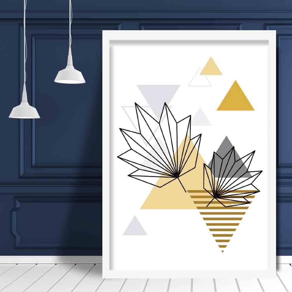 Tropical Leaves Abstract Geometric Scandinavian Yellow and Grey Poster