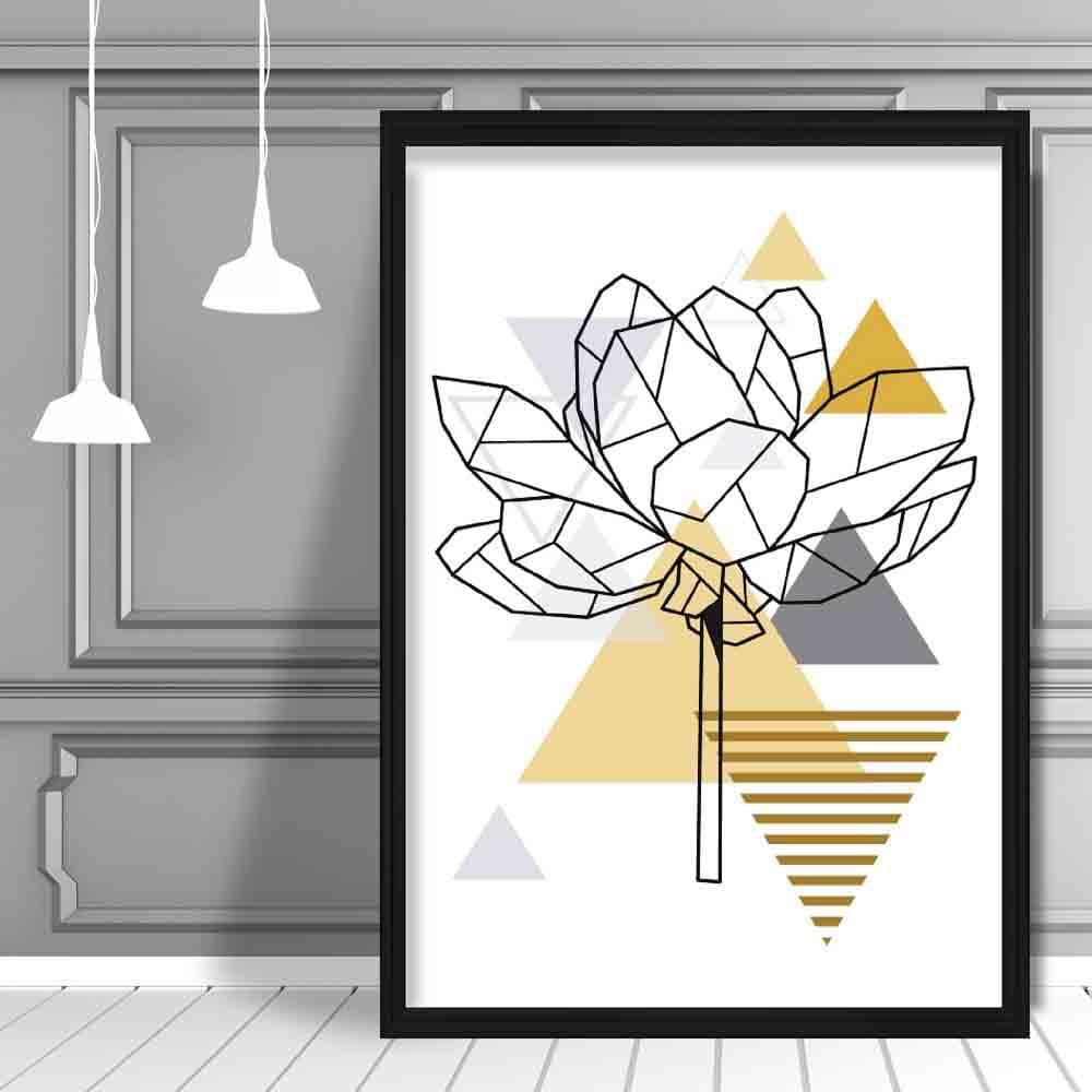 Peony Flower Abstract Geometric Scandinavian Yellow and Grey Print