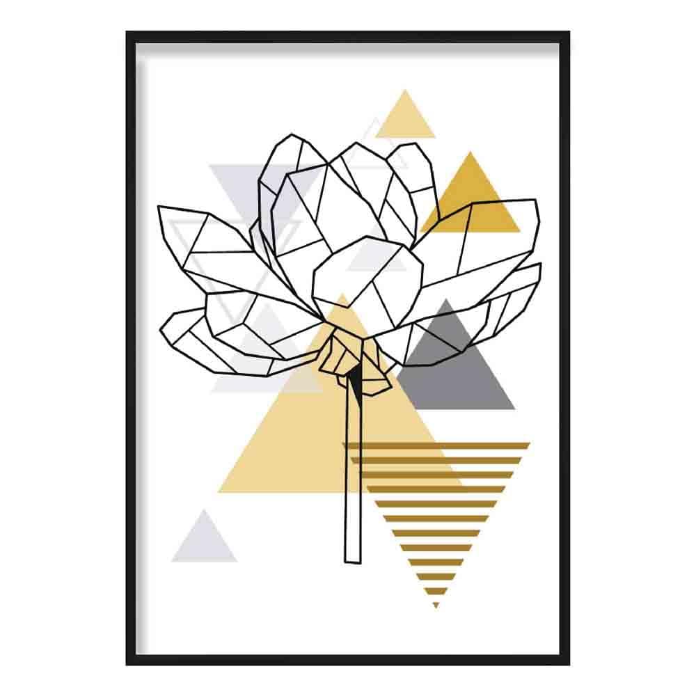 Peony Flower Abstract Geometric Scandinavian Yellow and Grey Print
