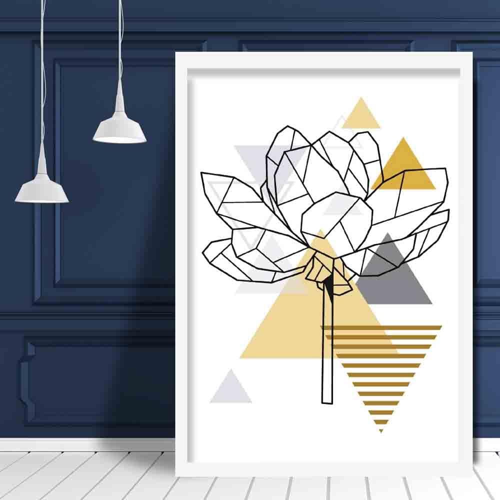 Peony Flower Abstract Geometric Scandinavian Yellow and Grey Print