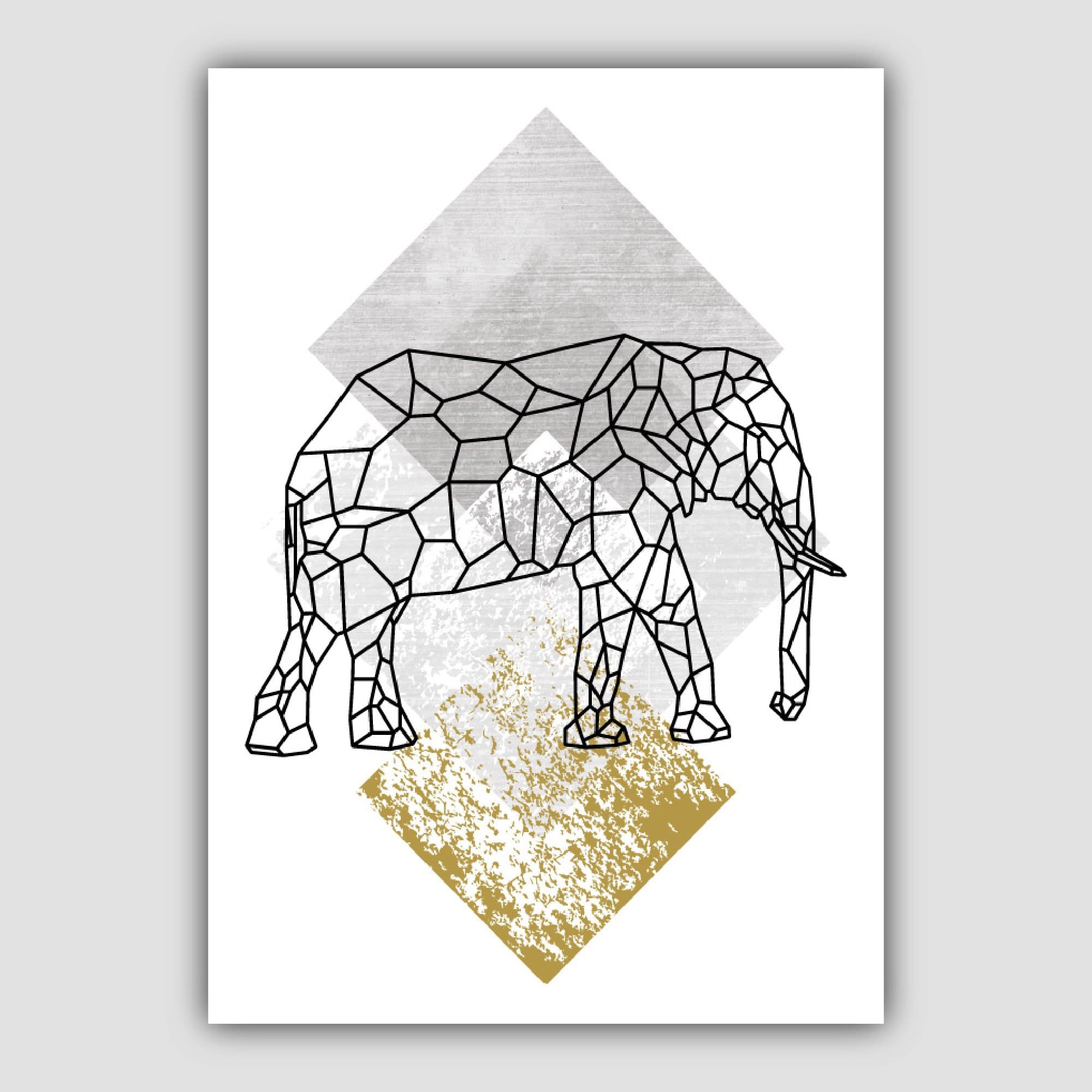 Set of 3 Geometric Yellow Elephant and Tree Art Prints