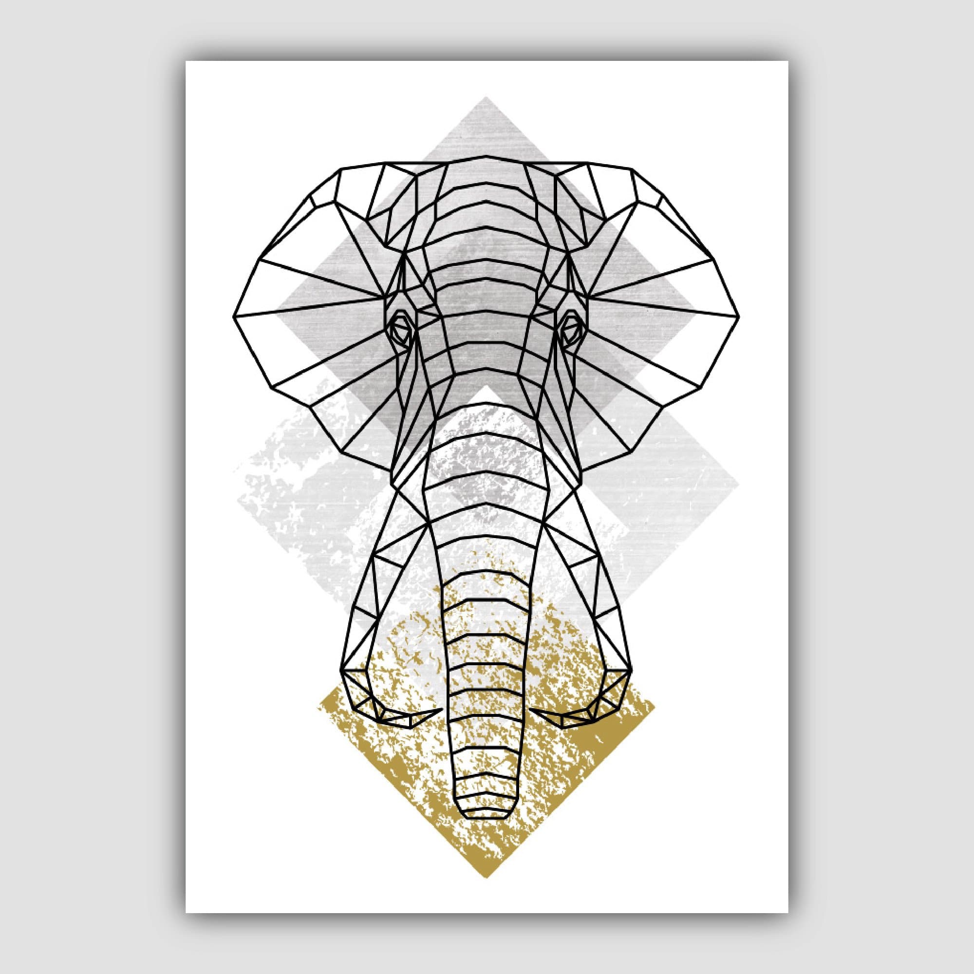 Set of 3 Geometric Yellow Elephant and Tree Art Prints