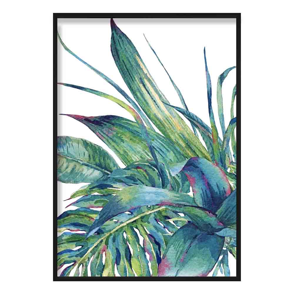 Tropical Blue Green Watercolour Leaves Group Left Poster