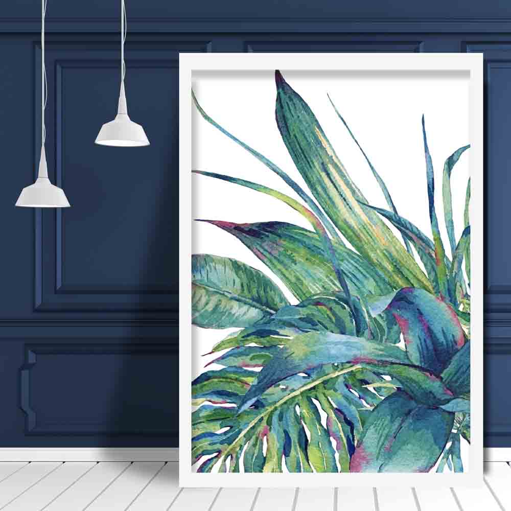Tropical Blue Green Watercolour Leaves Group Left Poster
