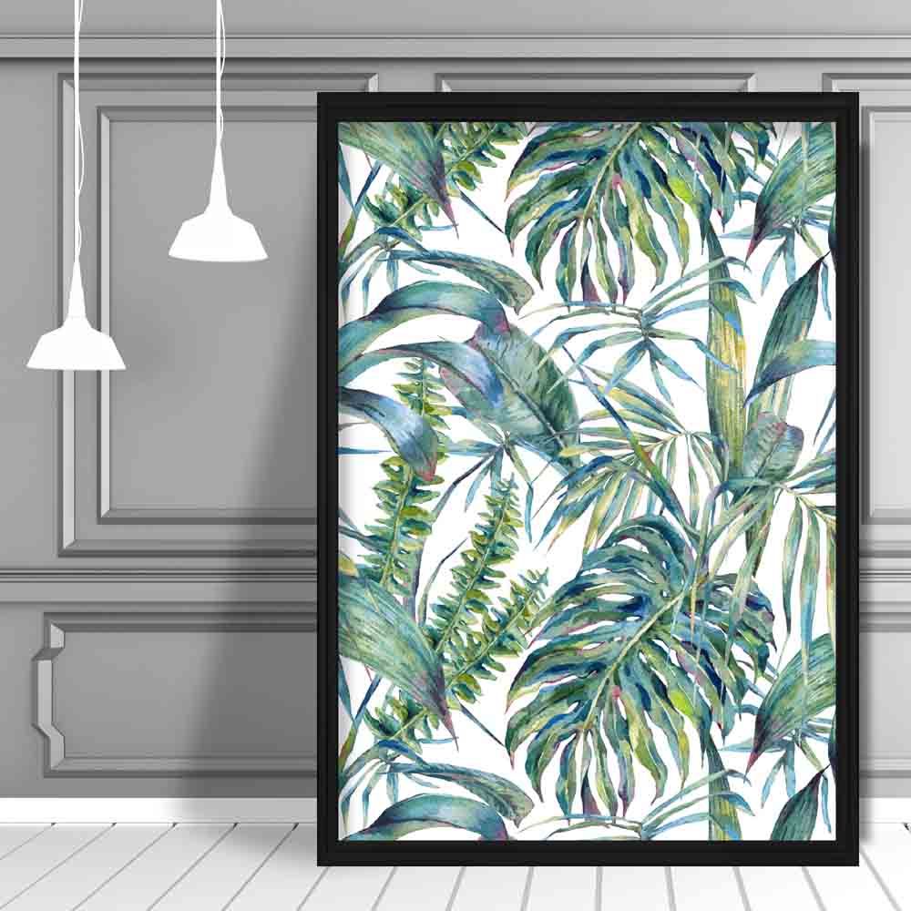 Tropical Blue Green Watercolour Leaves Pattern Poster