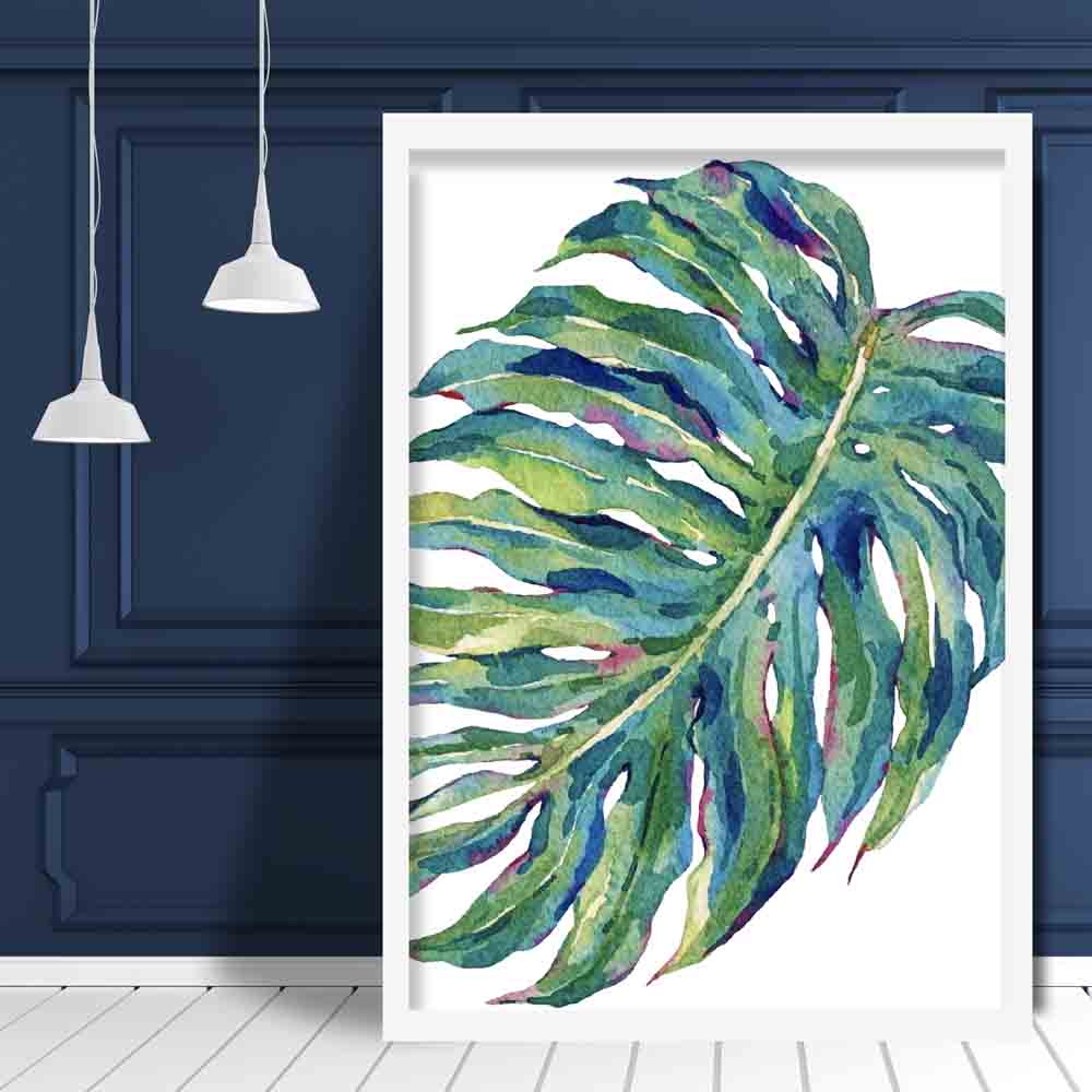 Monstera Blue Green Watercolour Leaves Poster