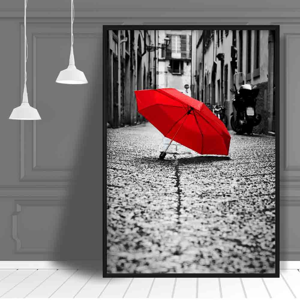 Black & White Paris Photo with Red Umbrella Poster