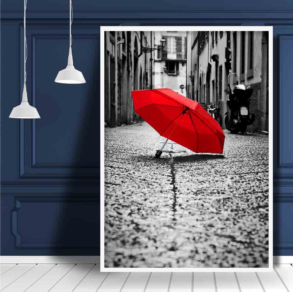 Black & White Paris Photo with Red Umbrella Poster