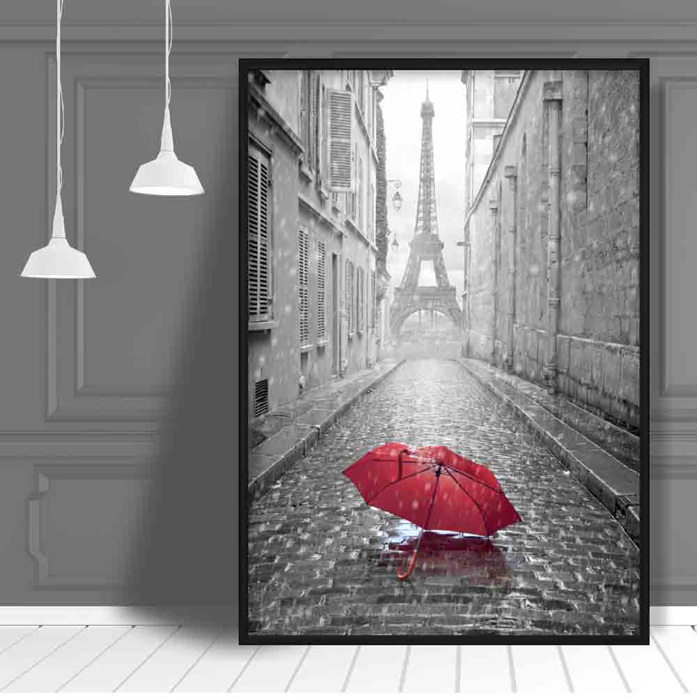Black & White Paris Eiffel Tower Photo with Red Umbrella Poster