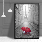 Black & White Paris Eiffel Tower Photo with Red Umbrella Poster