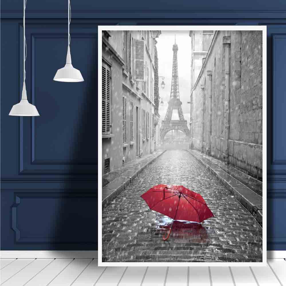 Black & White Paris Eiffel Tower Photo with Red Umbrella Poster