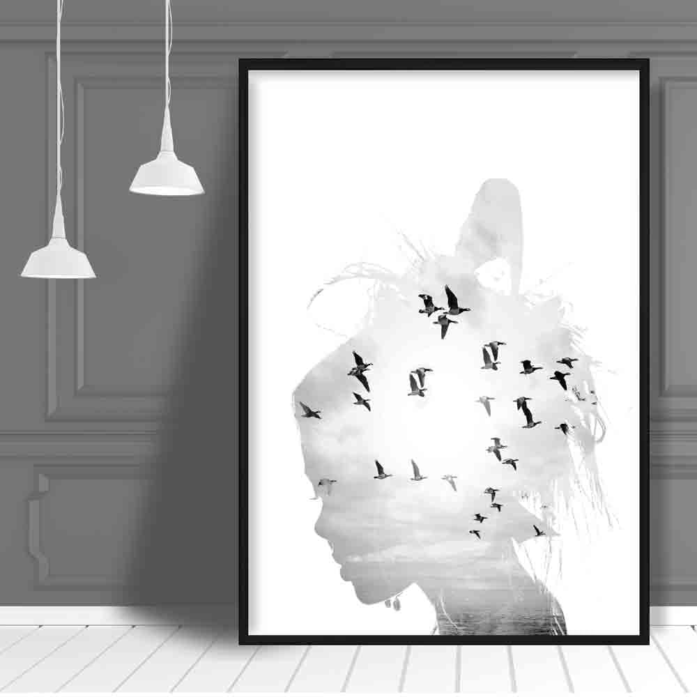 Black & White Fashion Photo Woman Silhouette Birds Print