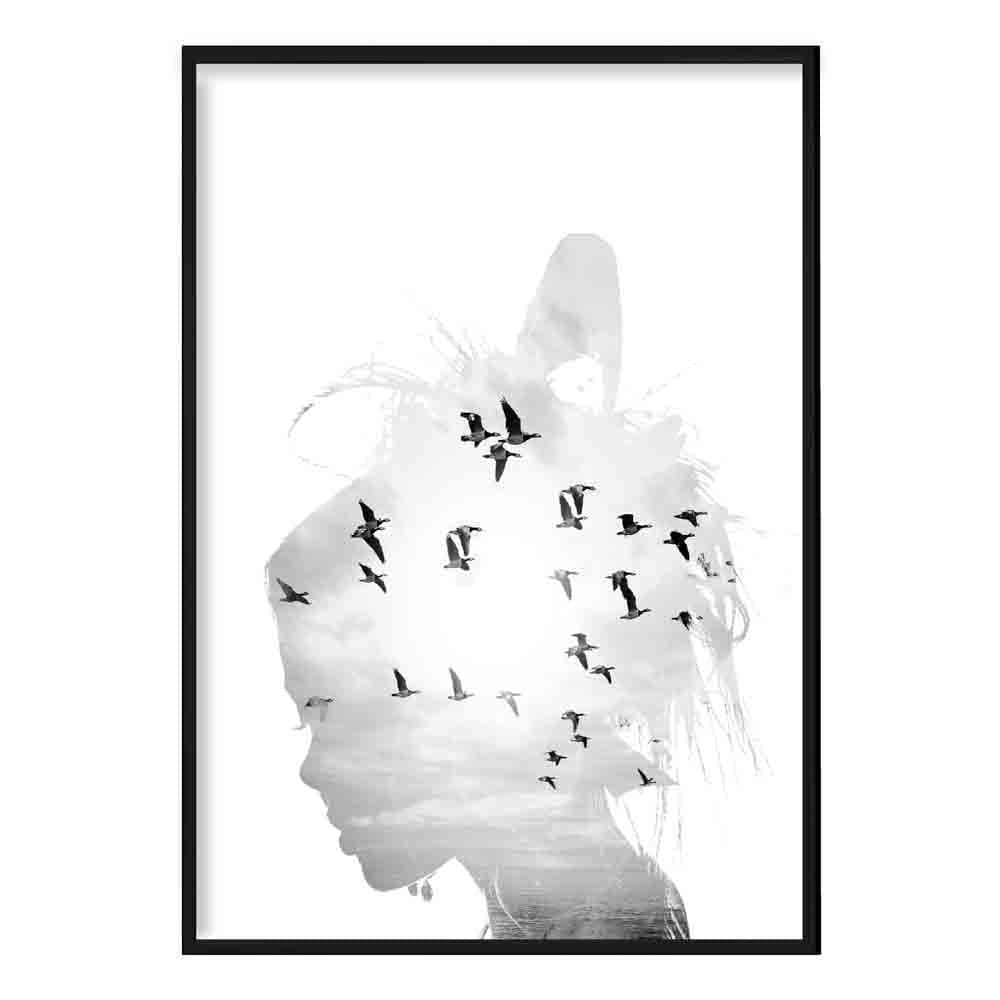 Black & White Fashion Photo Woman Silhouette Birds Print