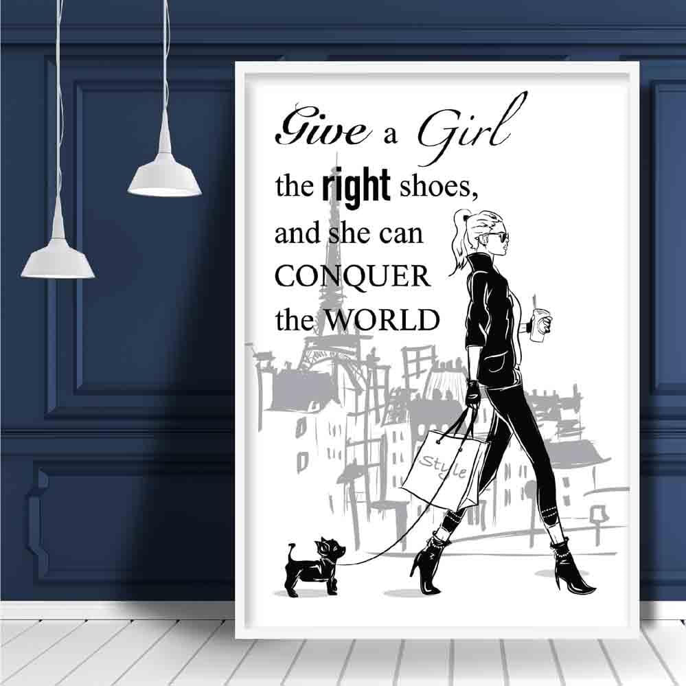 Fashionista Sketch Girl, Give a girl the right shoes' Paris Quote Print
