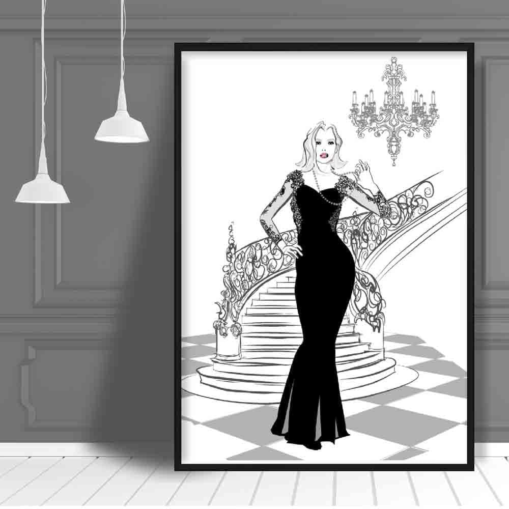 Fashionista Woman Stairs Chandelier Sketch Print