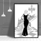 Fashionista Woman Stairs Chandelier Sketch Print