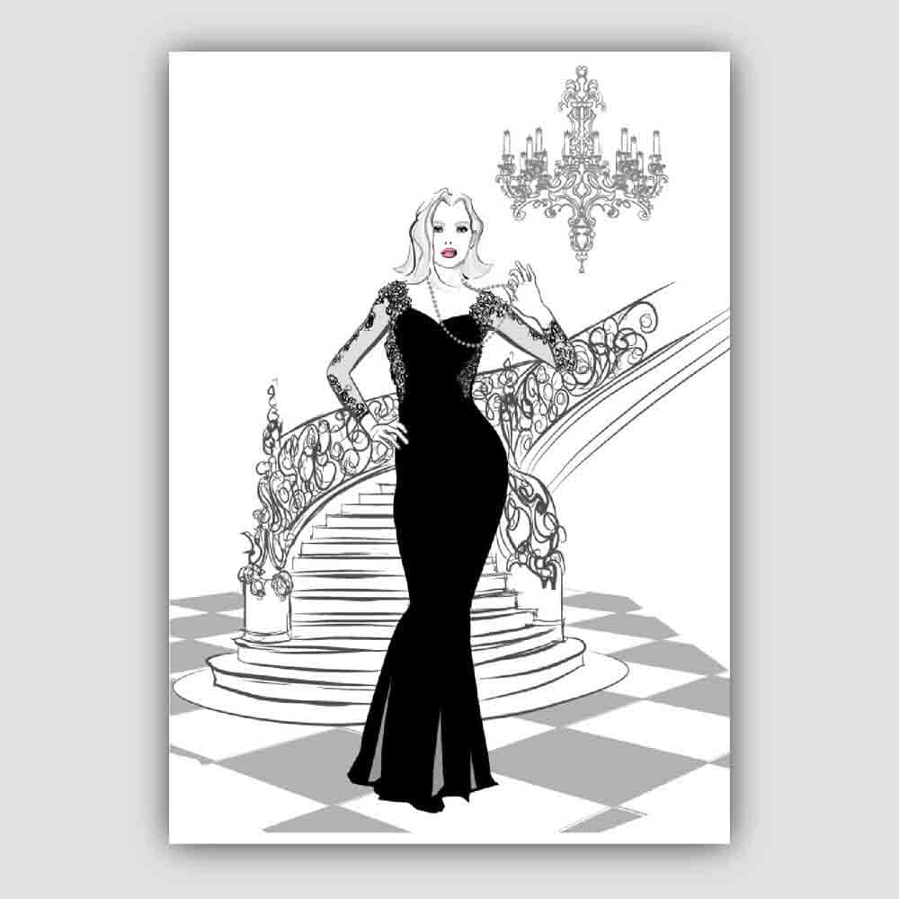 Fashionista Woman Stairs Chandelier Sketch Print