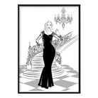 Fashionista Woman Stairs Chandelier Sketch Print