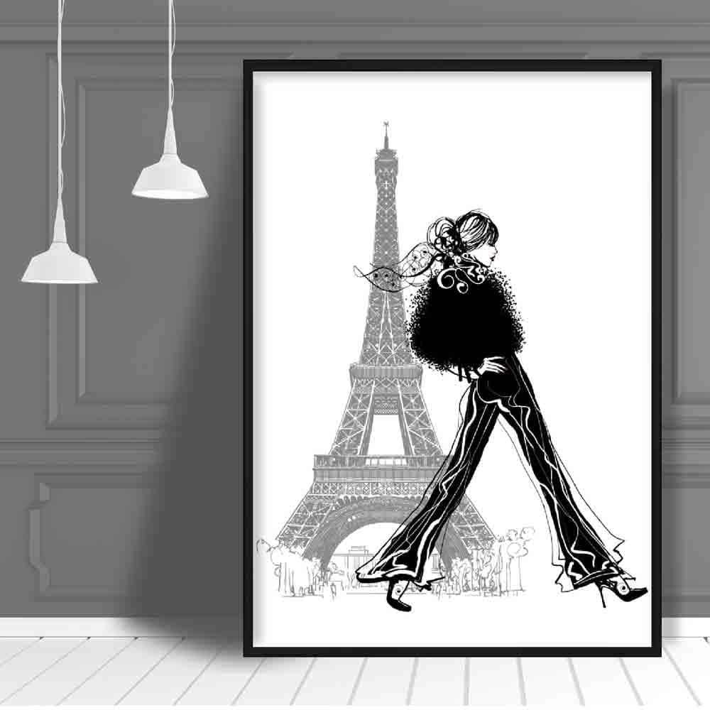 Fashionista walking in Paris Eiffel Tower Sketch Print