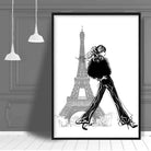 Fashionista walking in Paris Eiffel Tower Sketch Print