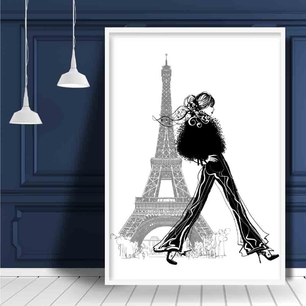 Fashionista walking in Paris Eiffel Tower Sketch Print
