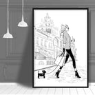 Fashionista in Paris walking her Dog Sketch Print