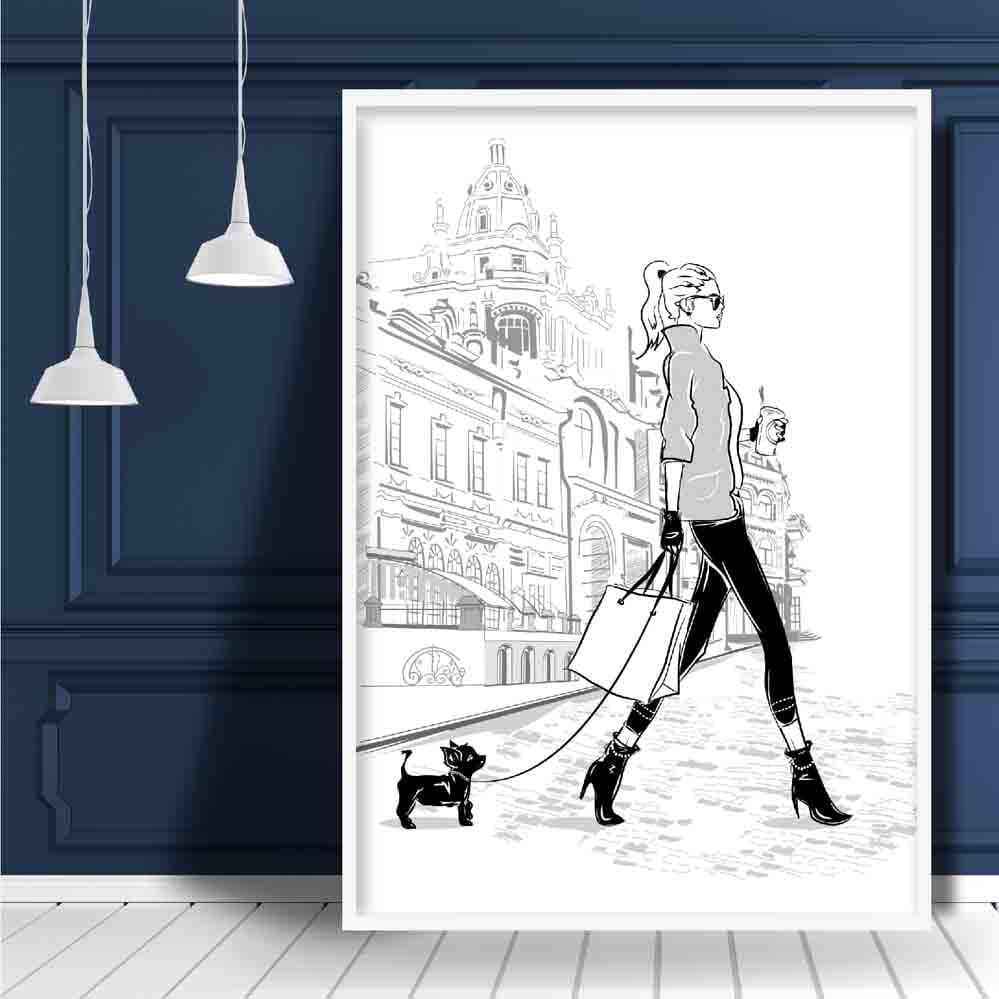 Fashionista in Paris walking her Dog Sketch Print