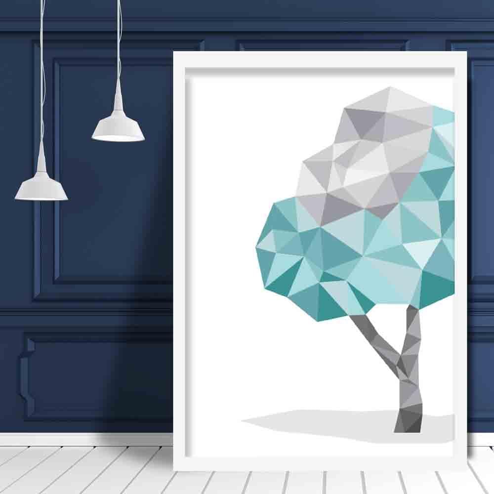 Geometric Poly Aqua Blue and Grey Tree 2 Poster