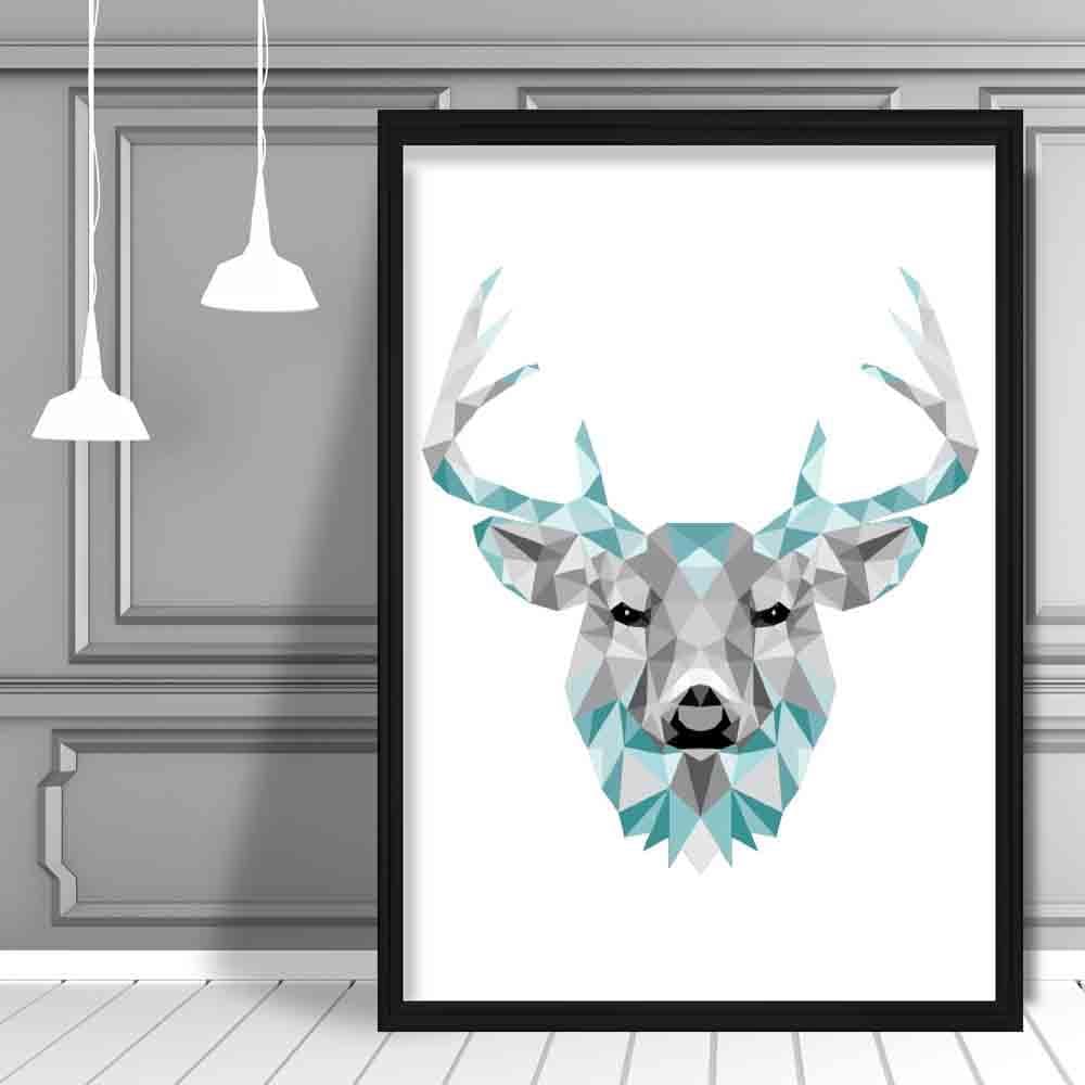 Geometric Poly Aqua Blue and Grey Stag Head Poster