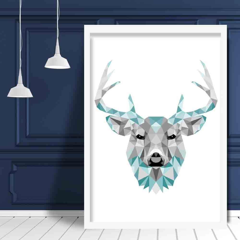 Geometric Poly Aqua Blue and Grey Stag Head Poster