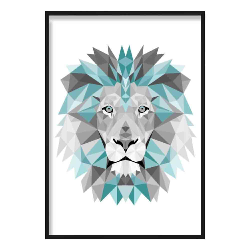 Geometric Poly Aqua Blue and Grey Lion Head Poster