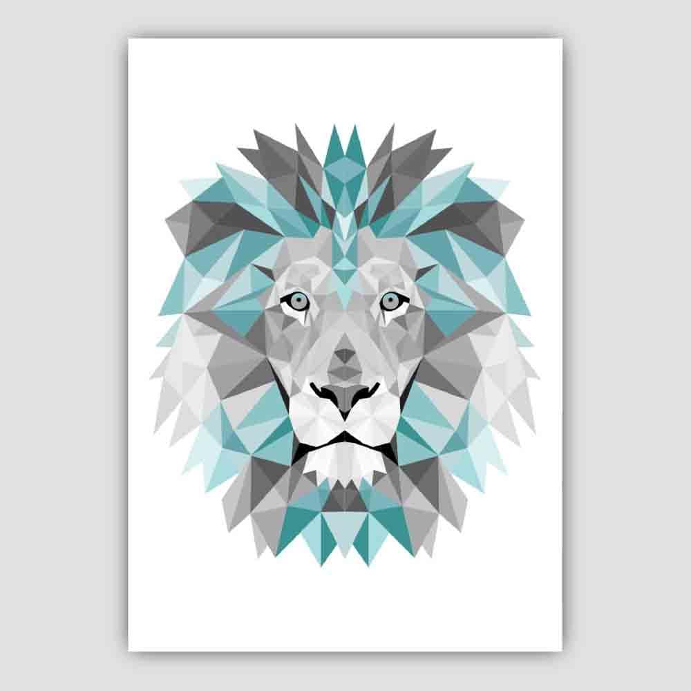 Geometric Poly Aqua Blue and Grey Lion Head Poster