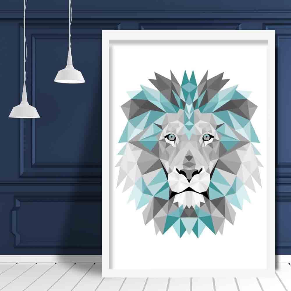 Geometric Poly Aqua Blue and Grey Lion Head Poster