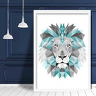 Geometric Poly Aqua Blue and Grey Lion Head Poster