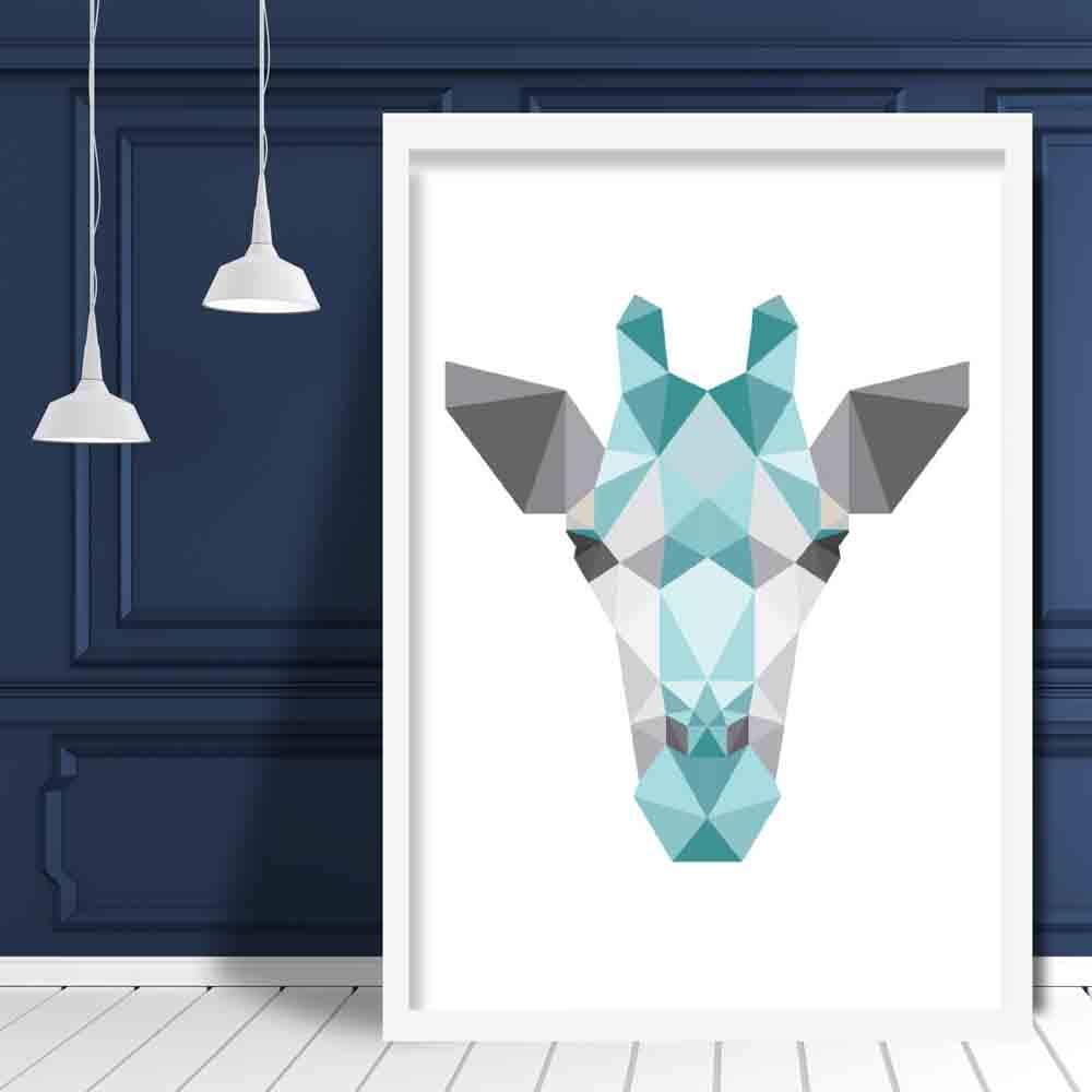 Geometric Poly Aqua Blue and Grey Giraffe Head Poster