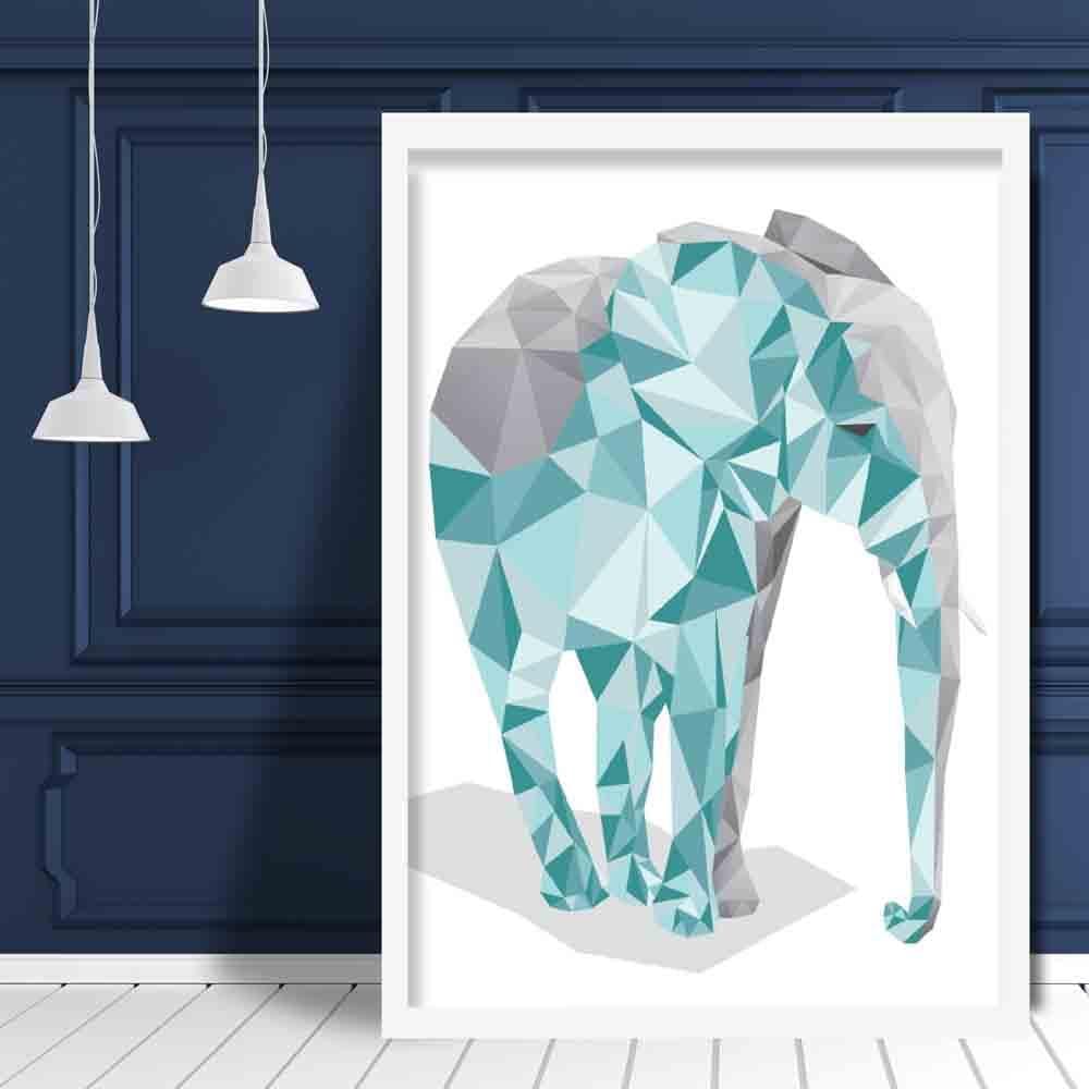 Geometric Poly Aqua Blue and Grey Elephant Poster