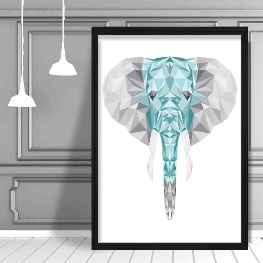 Geometric Poly Aqua Blue and Grey Elephant Head Poster