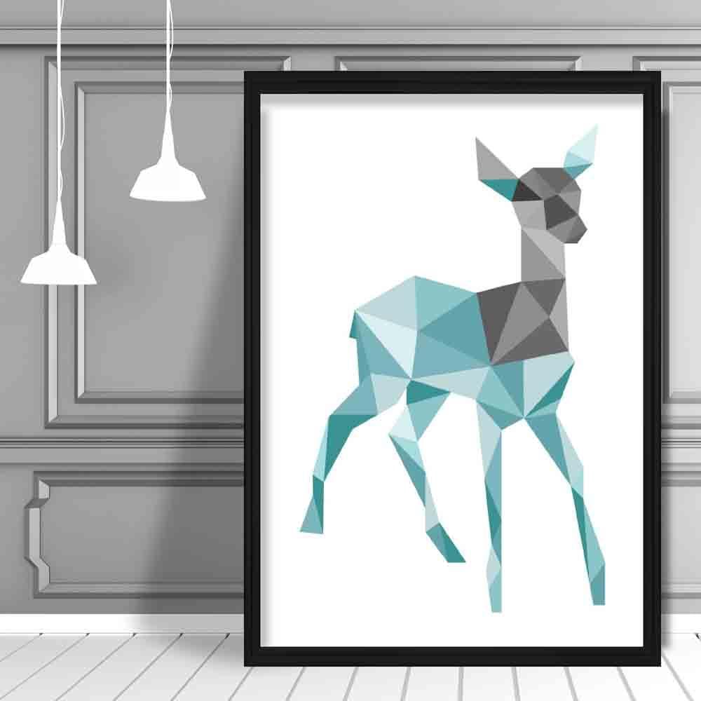 Geometric Poly Aqua Blue and Grey Young Stag Poster