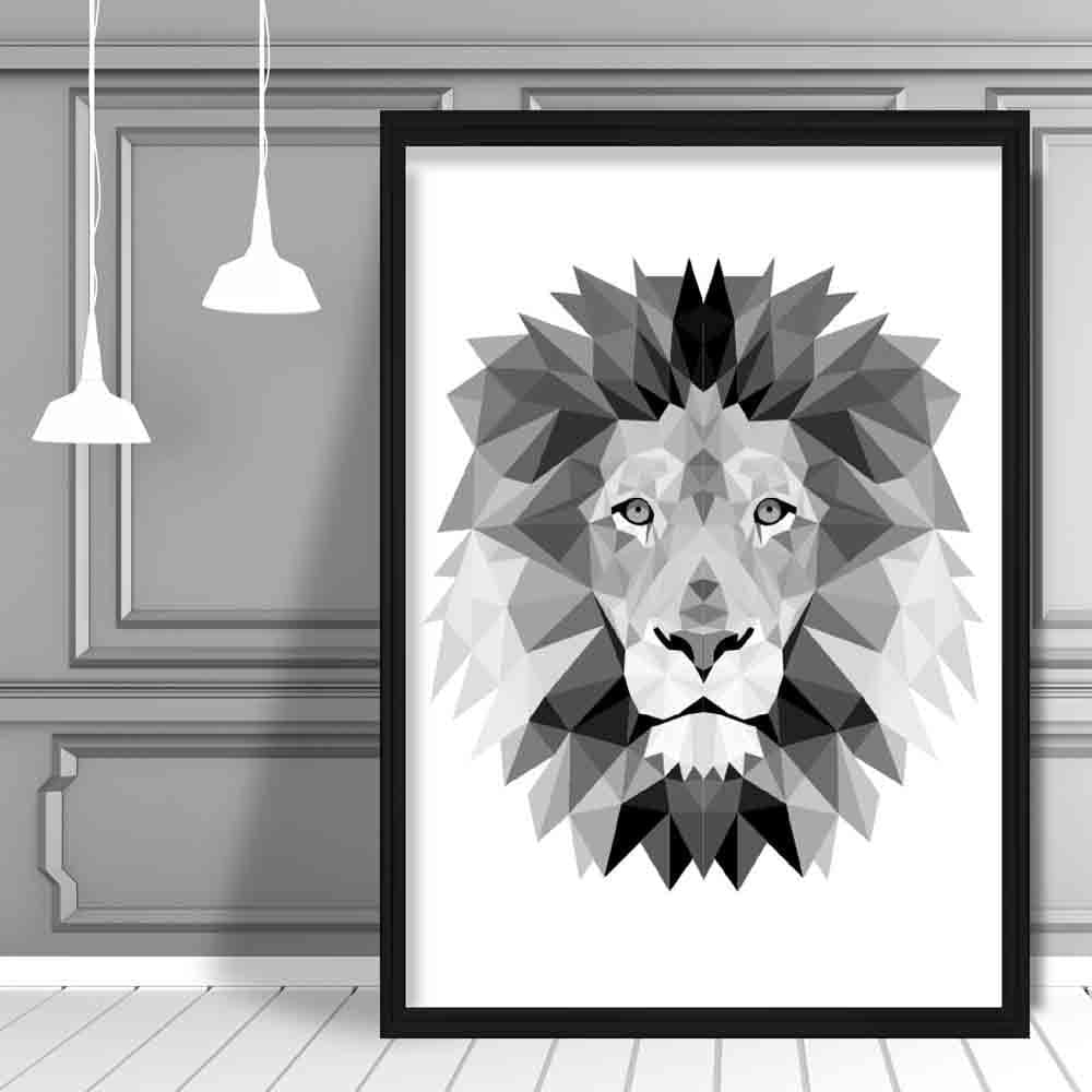 Geometric Poly Black and Grey Lion Head Poster