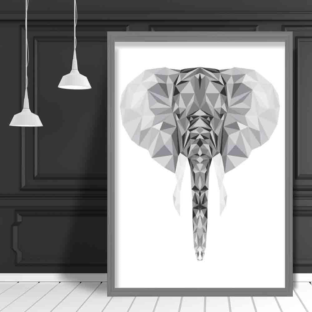 Geometric Poly Black and Grey Elephant Head Poster