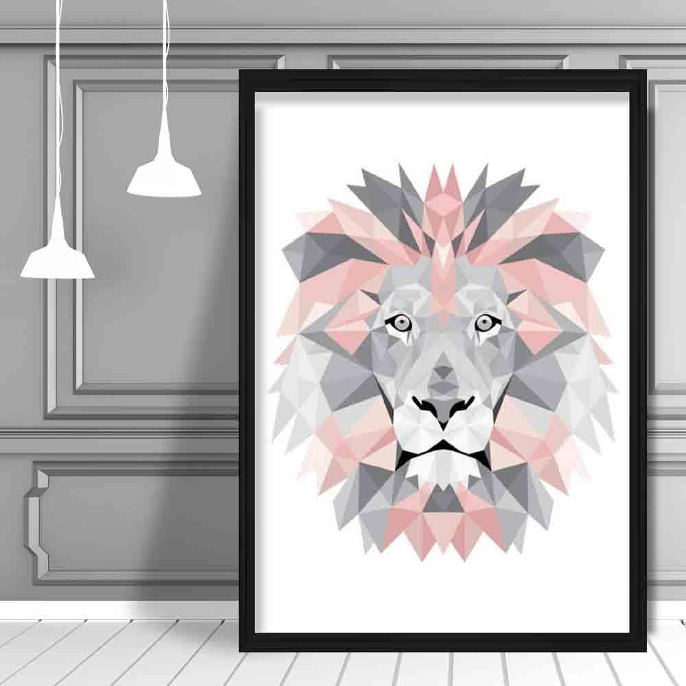 Geometric Poly Blush Pink and Grey Lion Head Poster