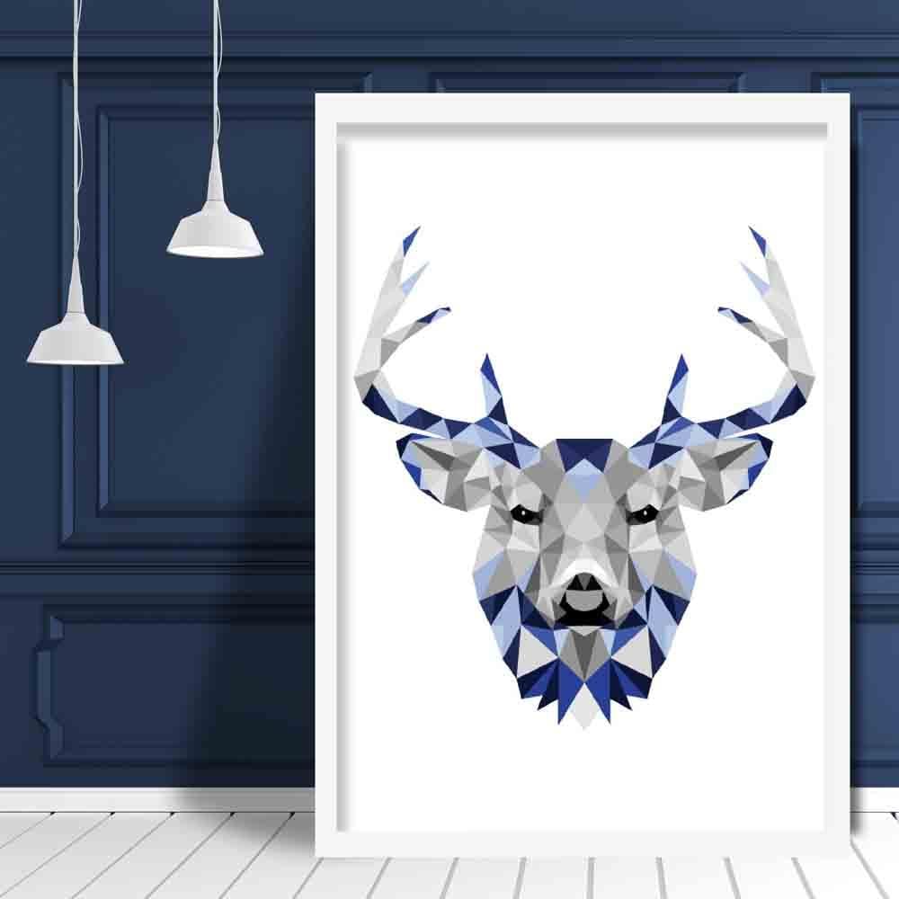 Geometric Poly Navy Blue and Grey Stag Head Poster