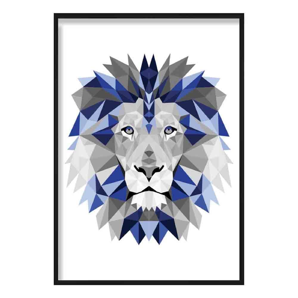 Geometric Poly Navy Blue and Grey Lion Head Poster