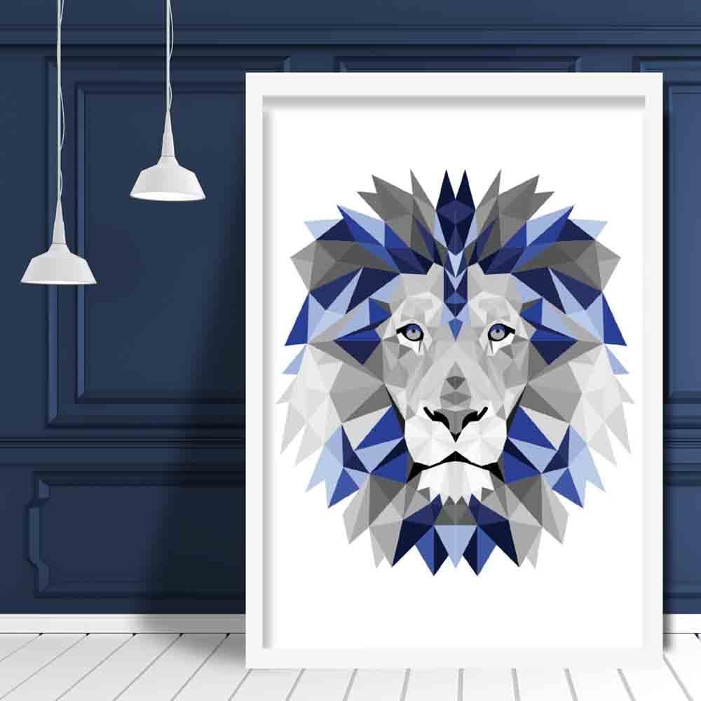 Geometric Poly Navy Blue and Grey Lion Head Poster