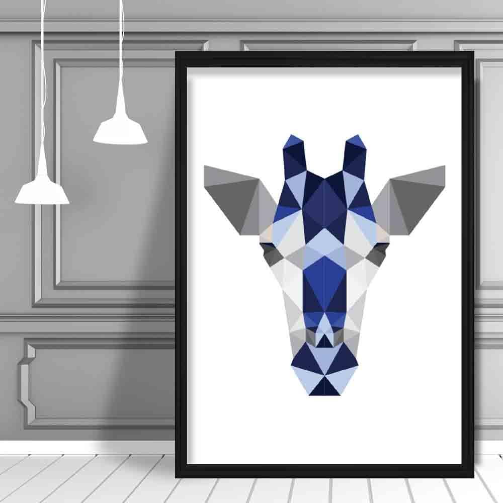 Geometric Poly Navy Blue and Grey Giraffe Head Poster