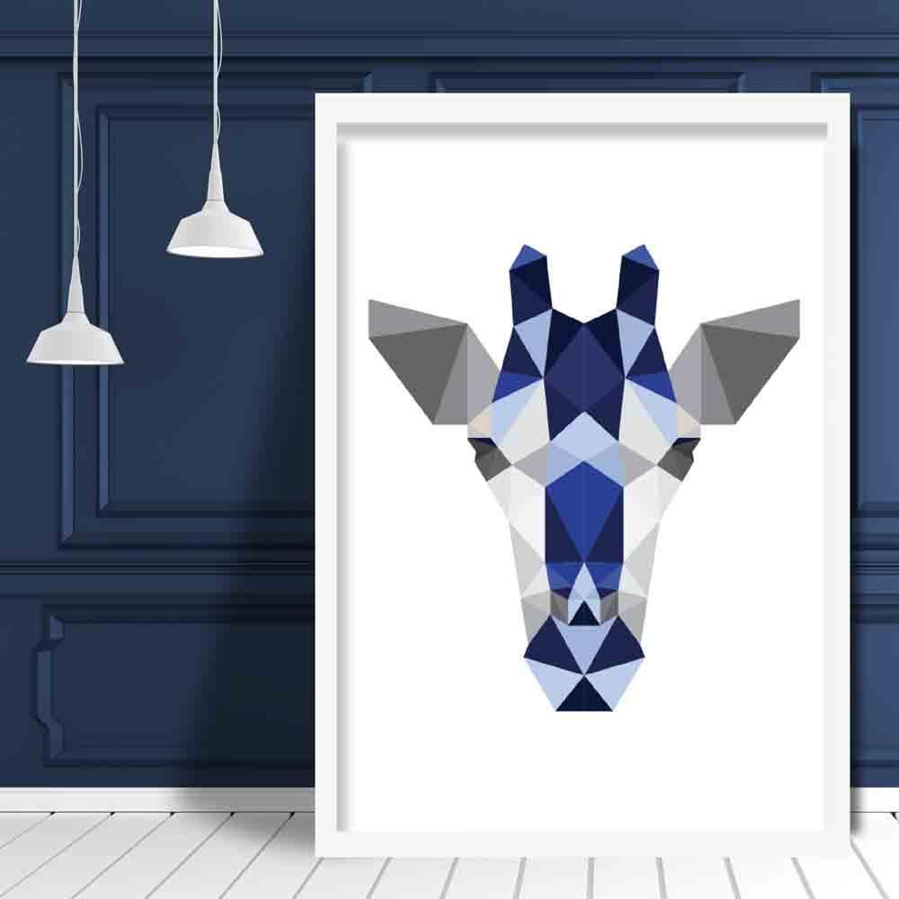 Geometric Poly Navy Blue and Grey Giraffe Head Poster