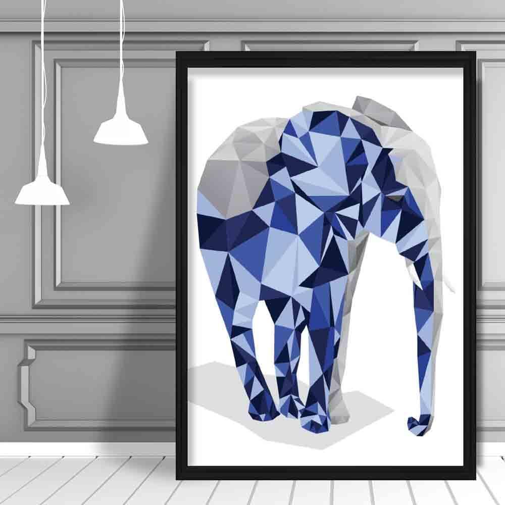 Geometric Poly Navy Blue and Grey Elephant Poster
