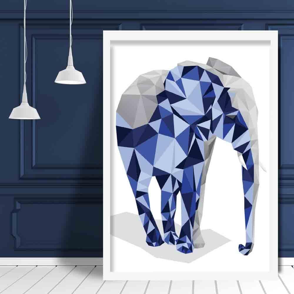 Geometric Poly Navy Blue and Grey Elephant Poster